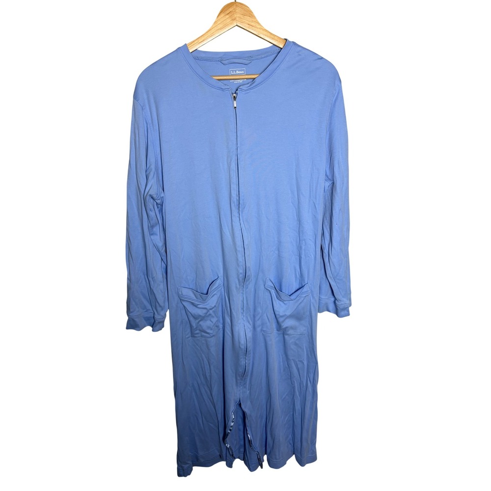 LL Bean Blue Supima Cotton Zip Front Robe Long Sleeve Lounger size large